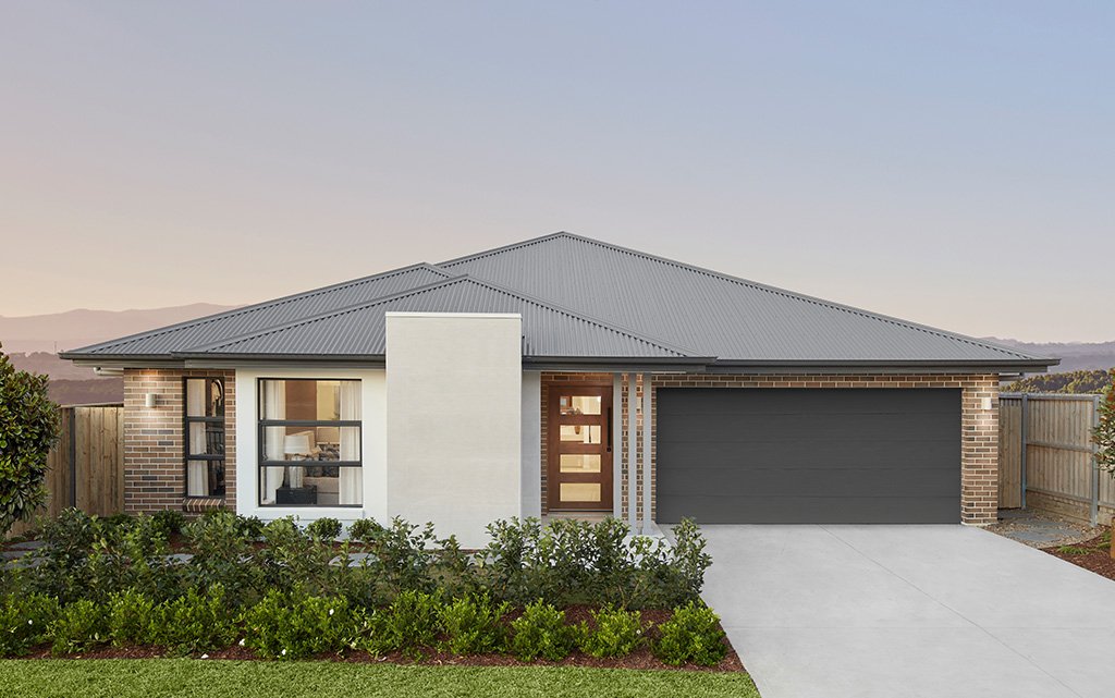 Rendered new build home with dark tiled roof and driveway, Adelaide